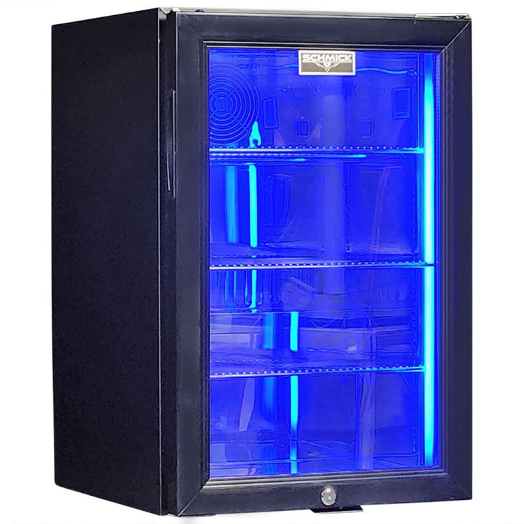 Bar Fridge | Single Door Alfresco | Schmick SK68 door closed and empty with blue LED lights