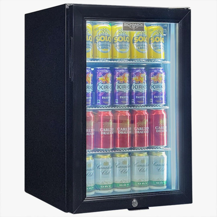 Bar Fridge | Single Door Alfresco | Schmick SK68 door closed with fridge full of drinks and white led light on