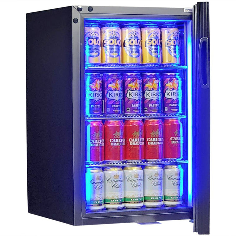 Bar Fridge | Single Door Alfresco | Schmick SK68 door open with blue led light on with fridge full of drinks