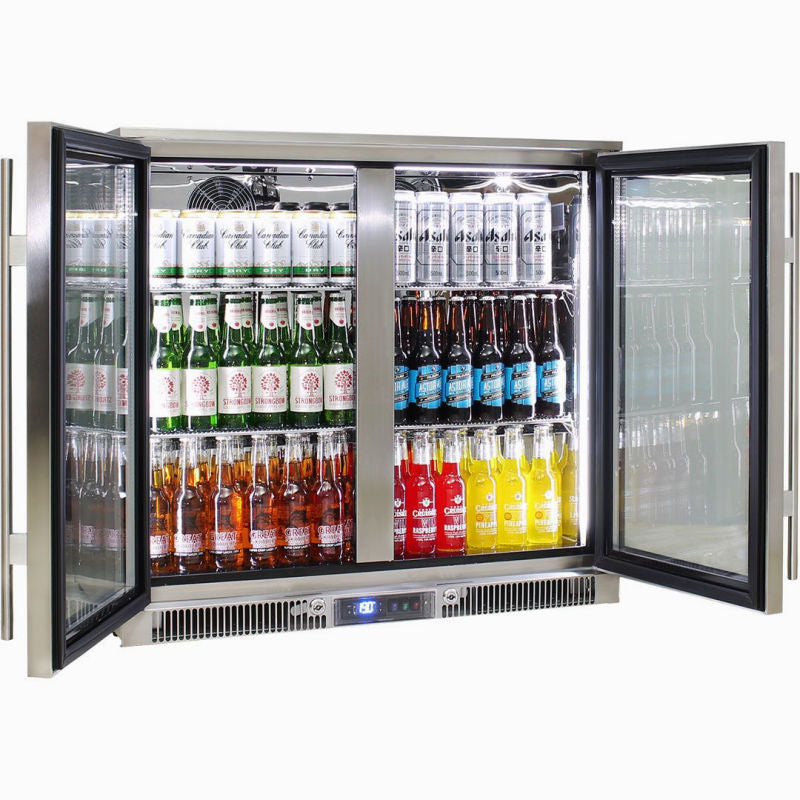 Bar Fridge | 2 Door Alfresco | Rhino Envi doors open and full of drinks and white LED on